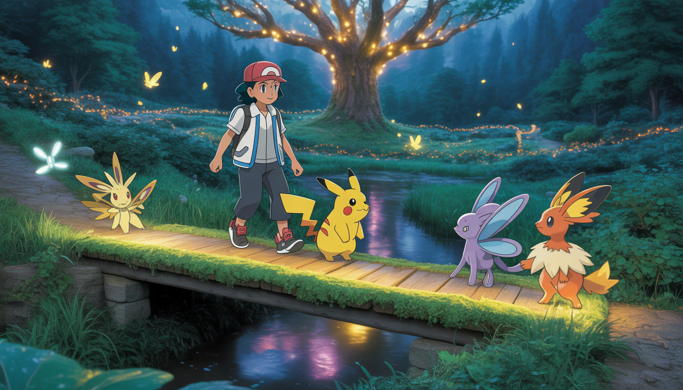 Trainer with Pikachu on mossy bridge in magical forest with Sylveon, Flabébé, Roserade and glowing fireflies