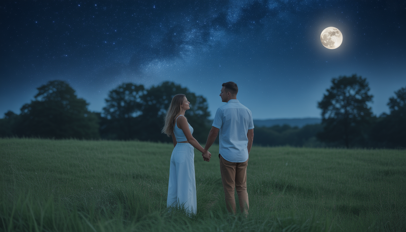 Couple holding hands in grassy field at night under starry sky