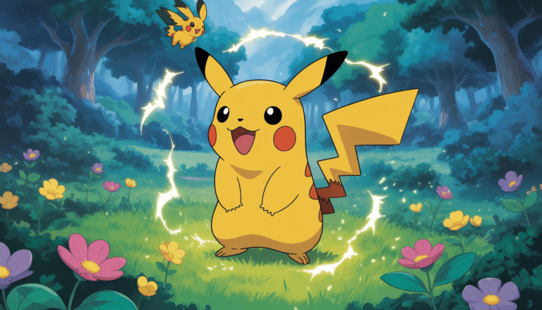 Illustration de Pikachu lançant des éclairs dans une forêt magique