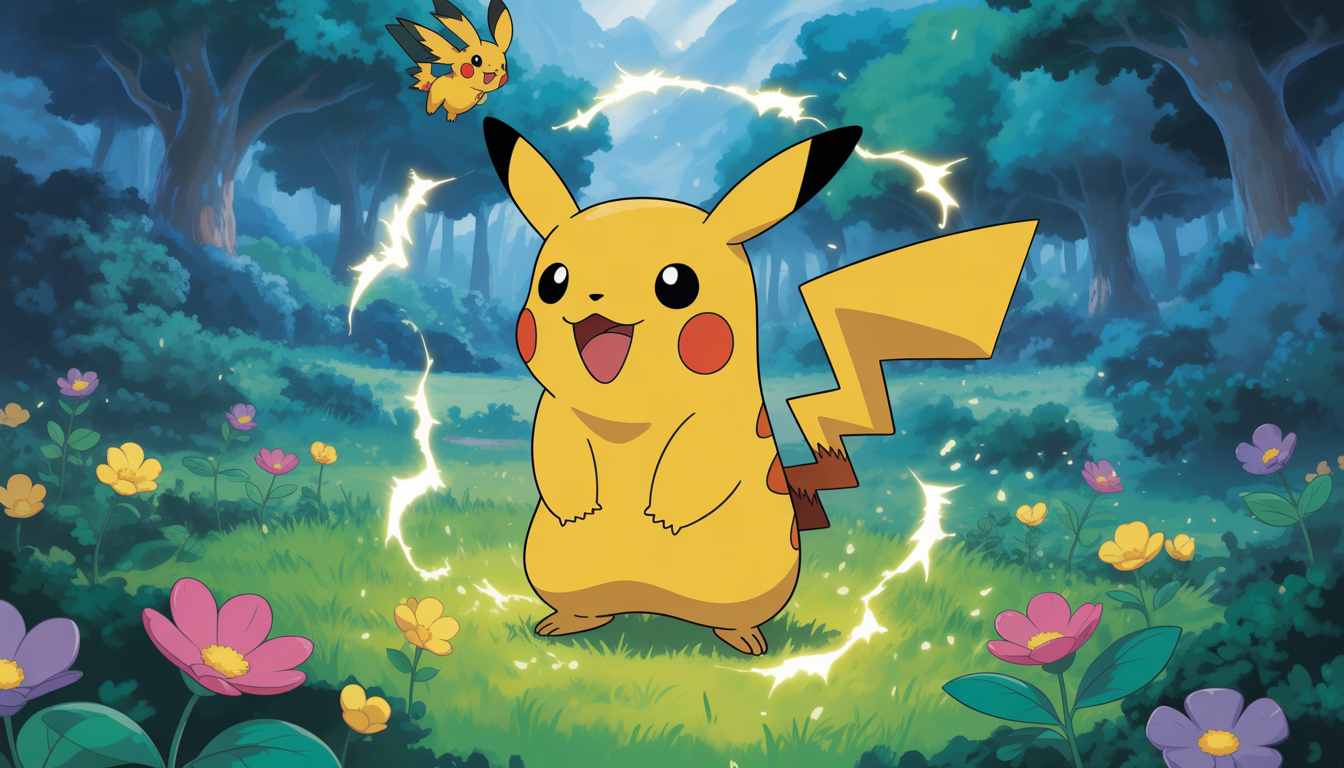 Illustration de Pikachu lançant des éclairs dans une forêt magique