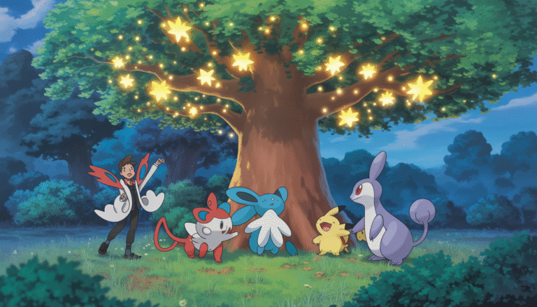 Sylveon, Togepi et Chikorita près d’un arbre lumineux dans une forêt magique