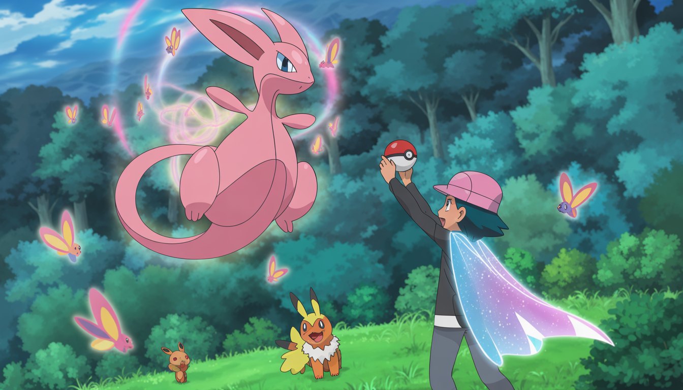 Gardevoir lévitant dans une forêt lumineuse entouré de Pokémon lumineux