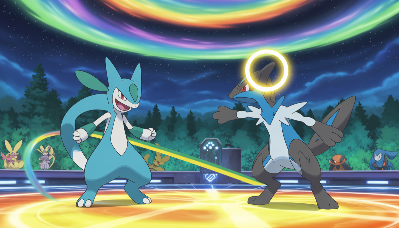 Gardevoir and Lucario battling under a starry sky with glowing arena and fantasy elements