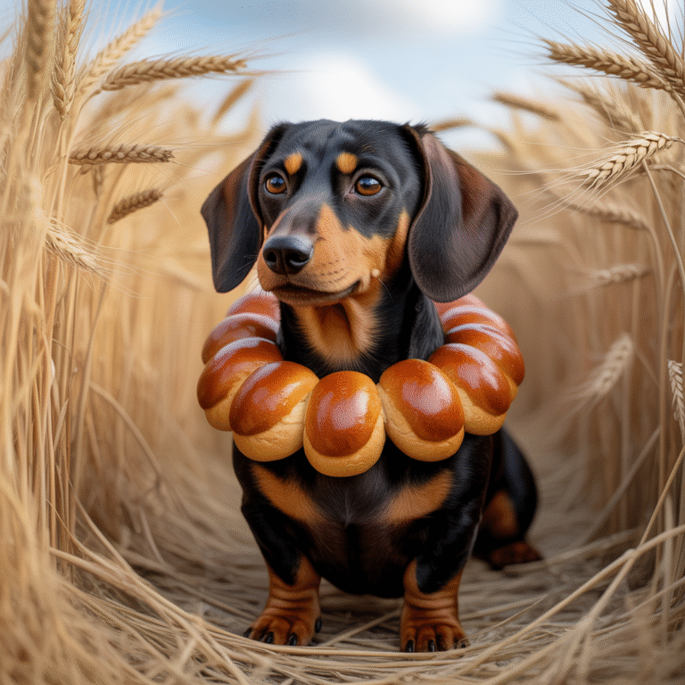 Quadruped dog-like creature with dark orange and brown fur, golden brioche-shaped ears and collar, standing in sunlit wheat fields