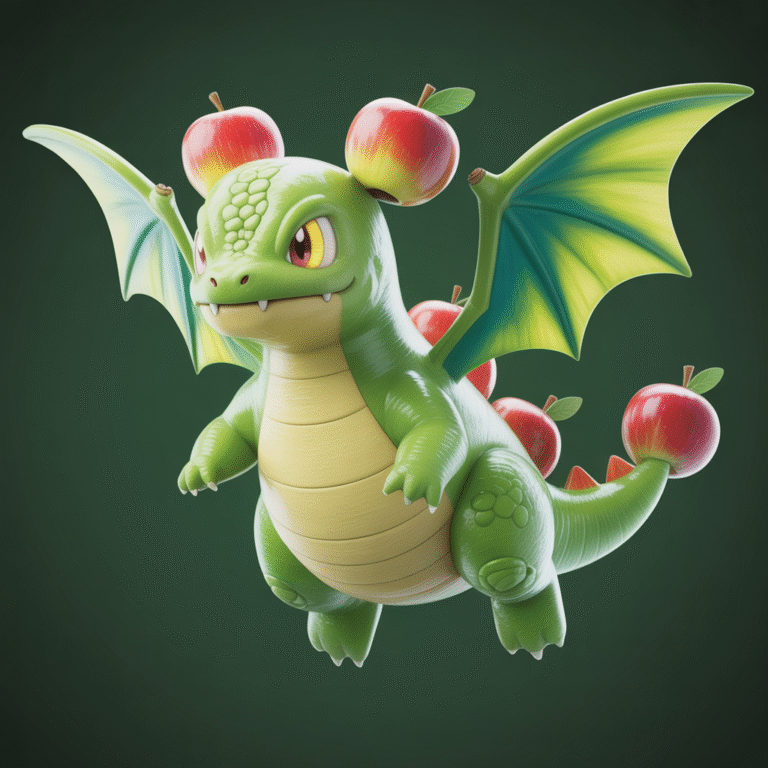Small green dragon-like Pokémon floating with translucent apple skin wings and glowing yellow eyes