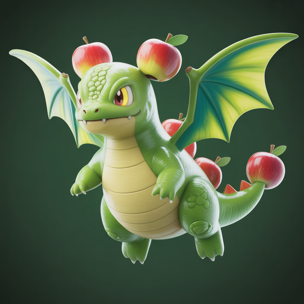 Small green dragon-like Pokémon floating with translucent apple skin wings and glowing yellow eyes