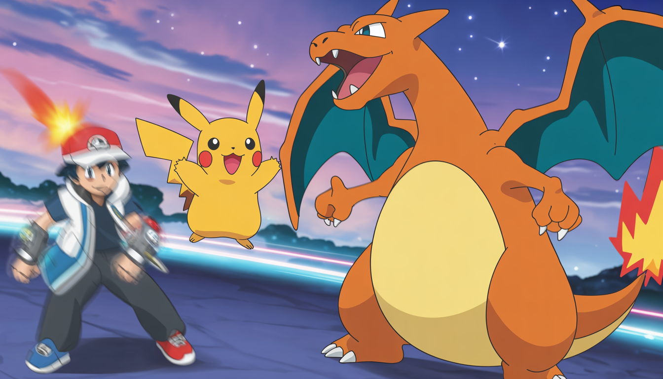 Pikachu et Dracaufeu s’affrontent dans un décor nocturne fantastique inspiré du style Pokémon TCG