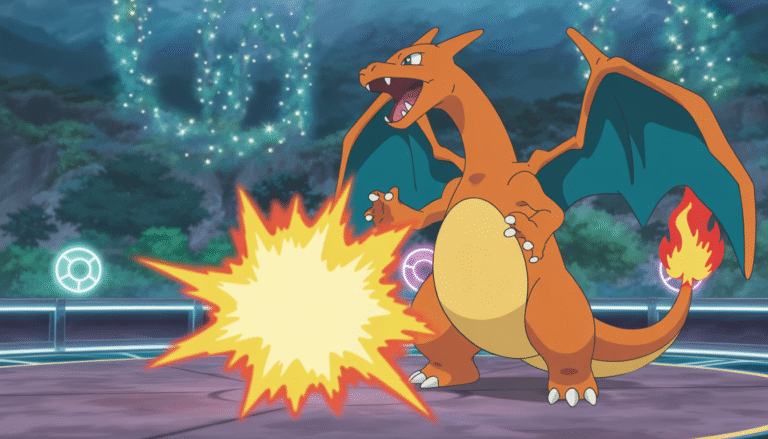 Illustration de Charizard projetant des flammes dans une arène magique, style Pokémon TCG