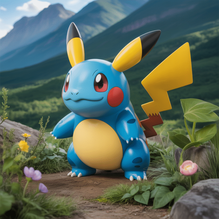 Pokémon entouré de feuilles, fleurs et rochers dans un décor naturel coloré