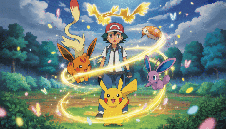 Jeune dresseur Pokémon avec Pikachu et Sylveon dans une clairière magique