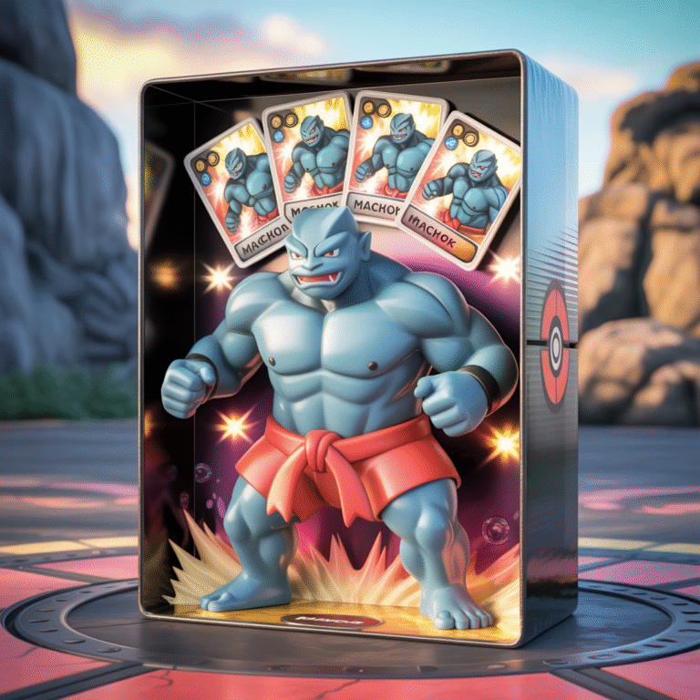 Detailed 3D Machoke figurine in fighting stance inside collector box with holographic Pokémon cards