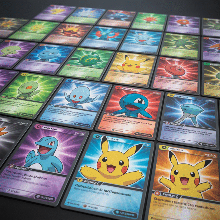 Photorealistic image of competitive Pokémon TCG decks with vivid Pokémon, energy, and trainer cards laid out on a table