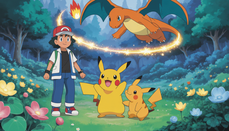 Dresseur Pokémon avec Pikachu et Salamèche dans une forêt magique, Dragonite volant au-dessus