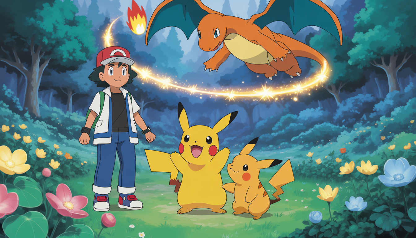 Dresseur Pokémon avec Pikachu et Salamèche dans une forêt magique, Dragonite volant au-dessus