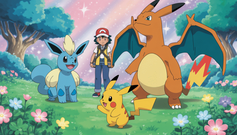 Dresseur Pokémon entouré de Pikachu, Évoli et Dracaufeu dans une forêt magique