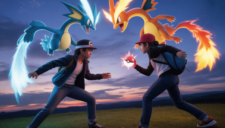 Deux dresseurs Pokémon s'affrontent au crépuscule avec effets magiques