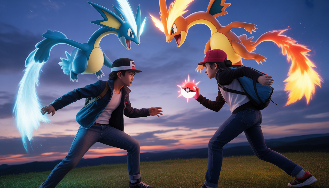 Deux dresseurs Pokémon s'affrontent au crépuscule avec effets magiques
