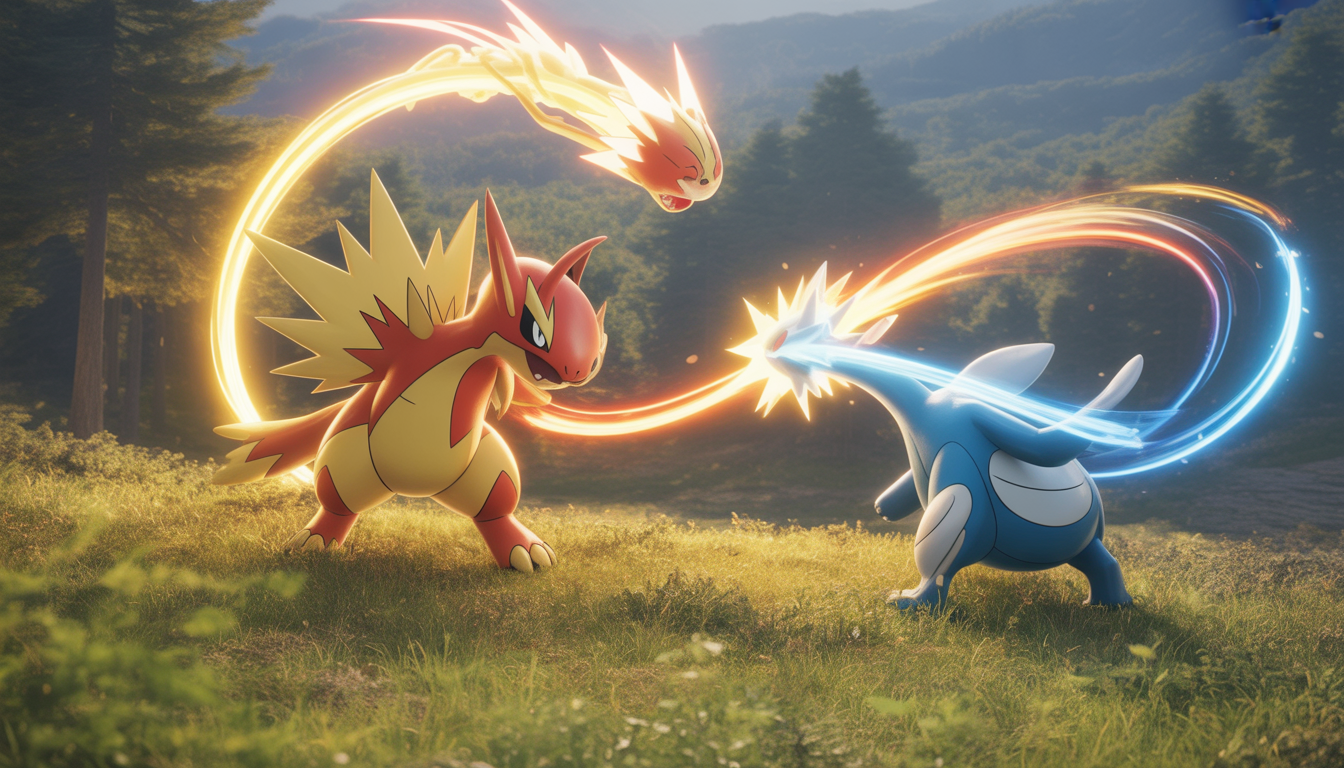Two Legendary Pokémon battling with energy in a golden forest