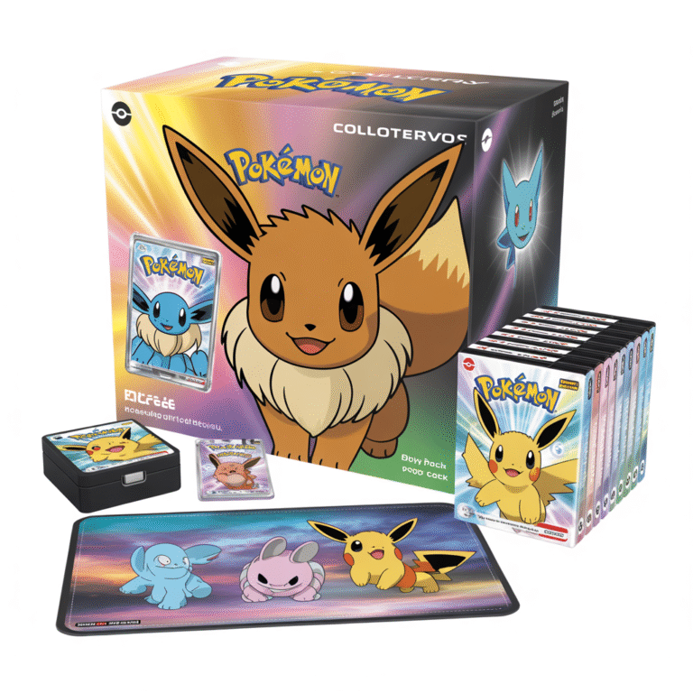 Boîte collector Pokémon avec Évoli et ses évolutions, carte promo brillante, deck soft-touch, tapis de jeu illustré et boosters