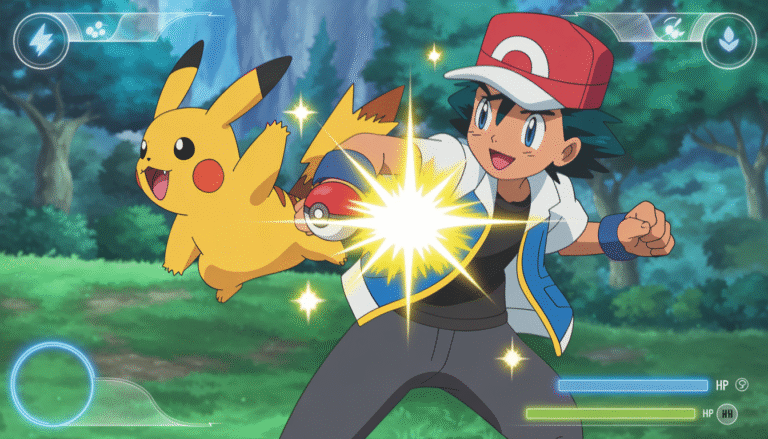 Un dresseur Pokémon lance une attaque avec son Pokémon signature dans une forêt magique, style inspiré du JCC Pokémon