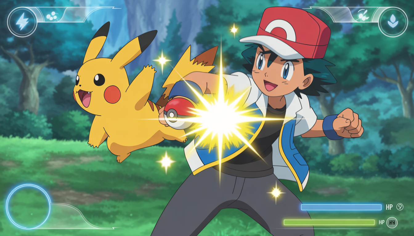 Un dresseur Pokémon lance une attaque avec son Pokémon signature dans une forêt magique, style inspiré du JCC Pokémon