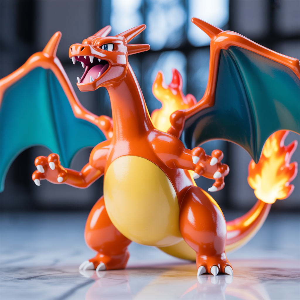 Carte collectible Charizard Pokémon photoréaliste avec dragon enflammé aux ailes déployées
