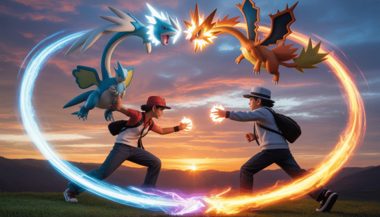 Deux dresseurs Pokémon s'affrontent avec des Pokémon légendaires sous un ciel de coucher de soleil, entourés de lumières colorées et d'attaques magiques
