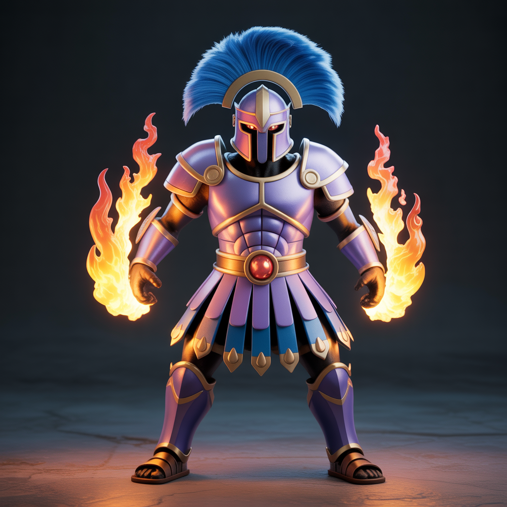 Malvalame, Pokémon gladiateur spectral avec armure bleue et pourpre, lames flamboyantes aux bras et crête de flamme bleue sur le casque