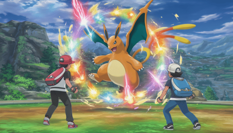 Pokémon légendaire lançant une attaque dans une arène brillante, style TCG