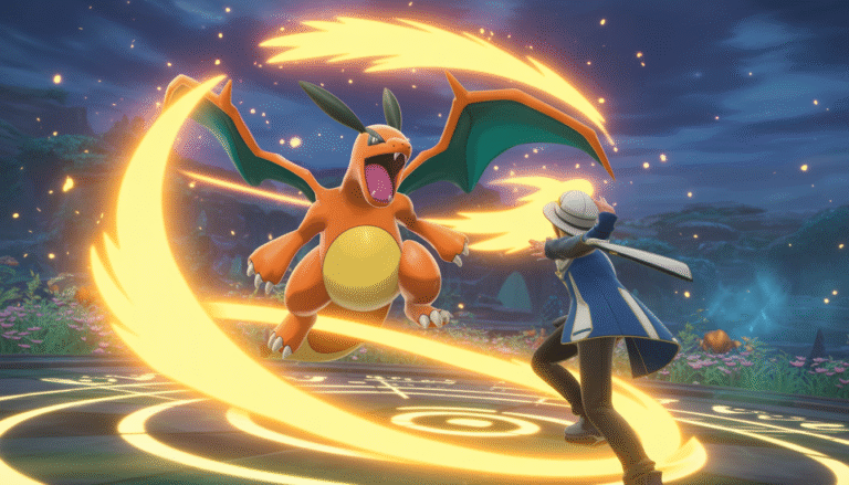 Legendary Pokémon attacking in enchanted arena with trainer