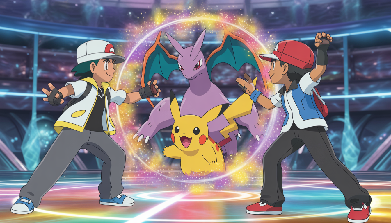 Deux dresseurs Pokémon en plein combat dans une arène magique vibrante avec un Pokémon légendaire au centre entouré d'une aura scintillante