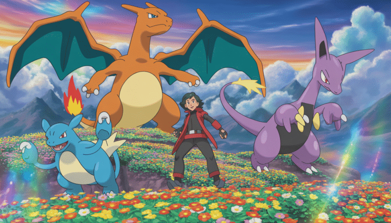 Pokémon trainer with Charizard, Gardevoir, and Garchomp in dynamic poses on a mountain peak surrounded by rainbow-colored flowers and iridescent clouds
