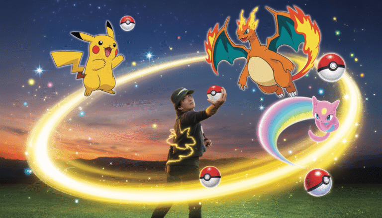 Courageous Pokémon trainer surrounded by golden aura throwing a Poké Ball with Pikachu, Charizard, and Mew in a magical starry scene