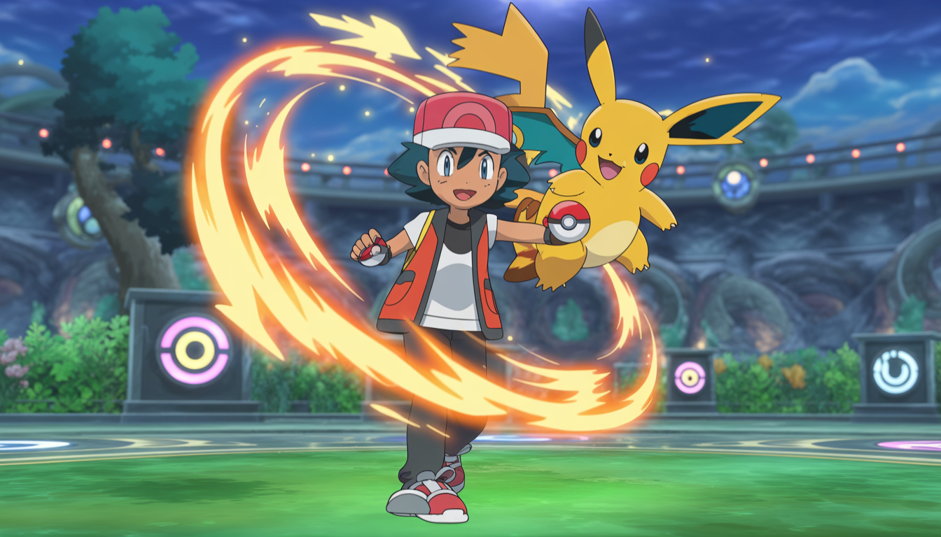 Dresseur Pokémon en plein combat avec effets magiques