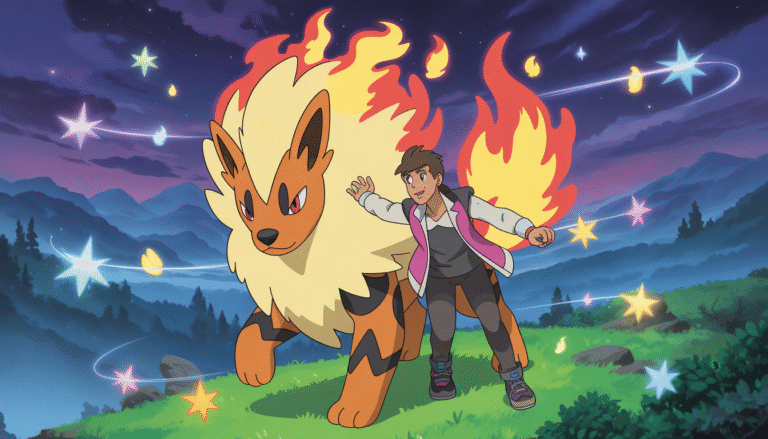 Dresseur chevauchant un Arcanine aux flammes dorées dans un paysage montagneux mystique avec nuages violets et bleus, éclairs magiques et particules lumineuses colorées