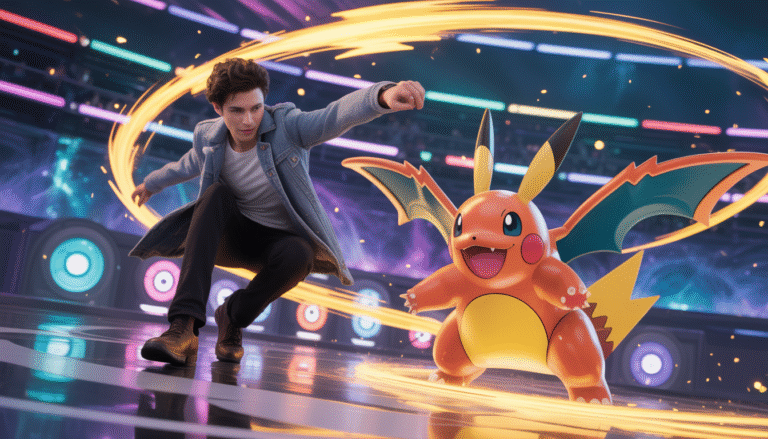 Dresseur intrépide lançant son Pokémon puissant dans une arène colorée avec éclats d’énergie et symboles mystiques