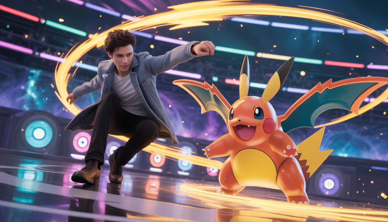 Dresseur intrépide lançant son Pokémon puissant dans une arène colorée avec éclats d’énergie et symboles mystiques