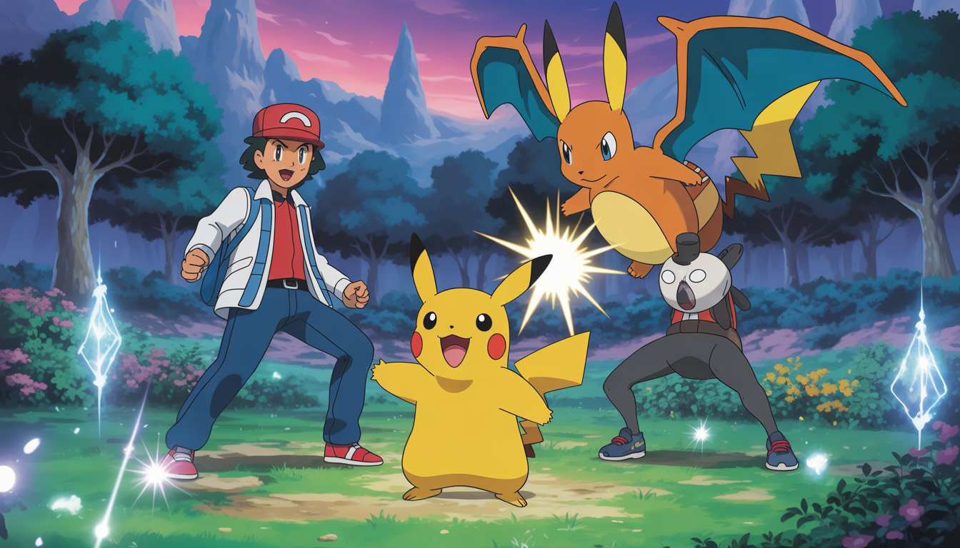 Deux dresseurs Pokémon combattent avec Pikachu et Dracaufeu dans une forêt lumineuse aux éclairs magiques