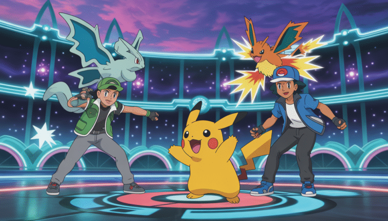 Deux dresseurs Pokémon lançant leurs Pokémon emblématiques en plein combat dans une arène fantastique et lumineuse avec effets lumineux colorés