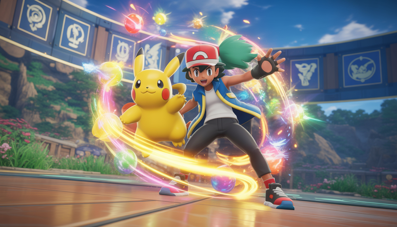 Dresseur Pokémon déterminé lançant une attaque avec son Pokémon, effets lumineux et particules magiques colorées