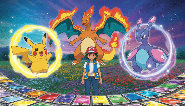 Pokémon trainer in rainbow flower field with Pikachu, Charizard, and Gardevoir surrounded by magical auras