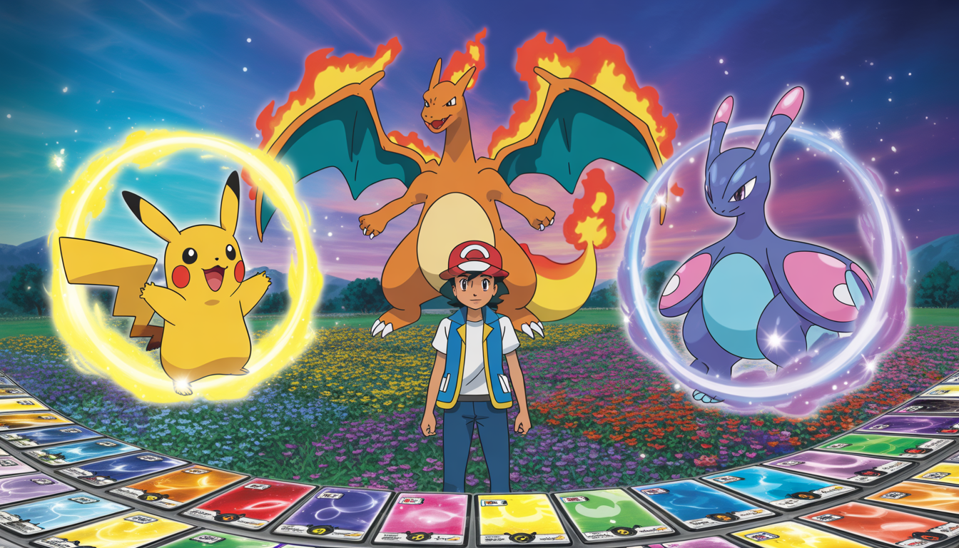 Pokémon trainer in rainbow flower field with Pikachu, Charizard, and Gardevoir surrounded by magical auras