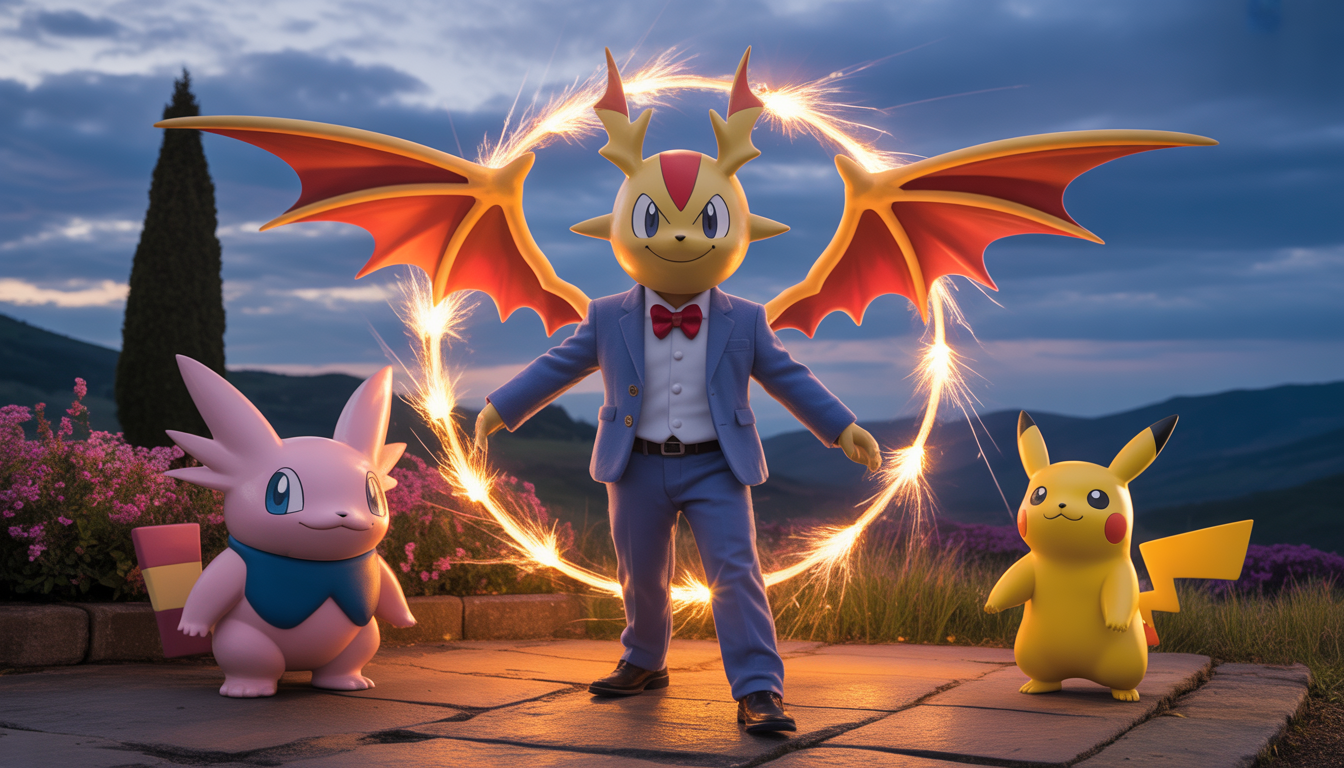 Dresseur affrontant Dracaufeu dans une clairière enchantée, observé par Togepi, Herbizarre et Pikachu