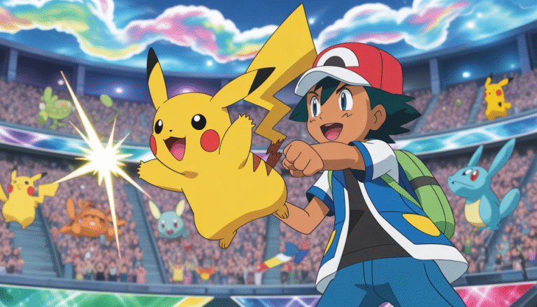 Jeune dresseur Pokémon commandant Pikachu en plein combat dans un stade vibrant avec foule en joie et effets lumineux