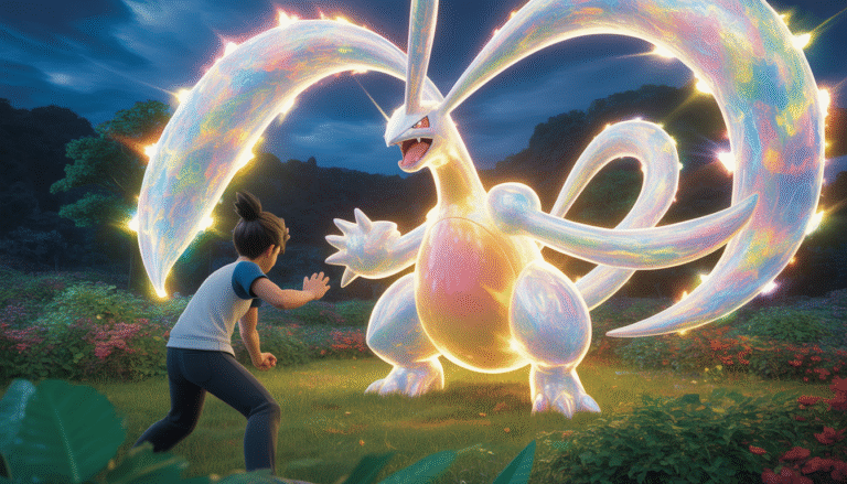 Pokémon légendaire brillant avec lumière mystique et entraîneur concentré dans un environnement luxuriant coloré