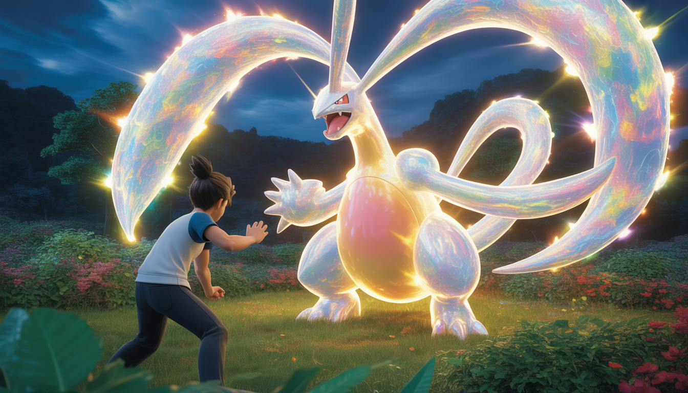 Pokémon légendaire brillant avec lumière mystique et entraîneur concentré dans un environnement luxuriant coloré
