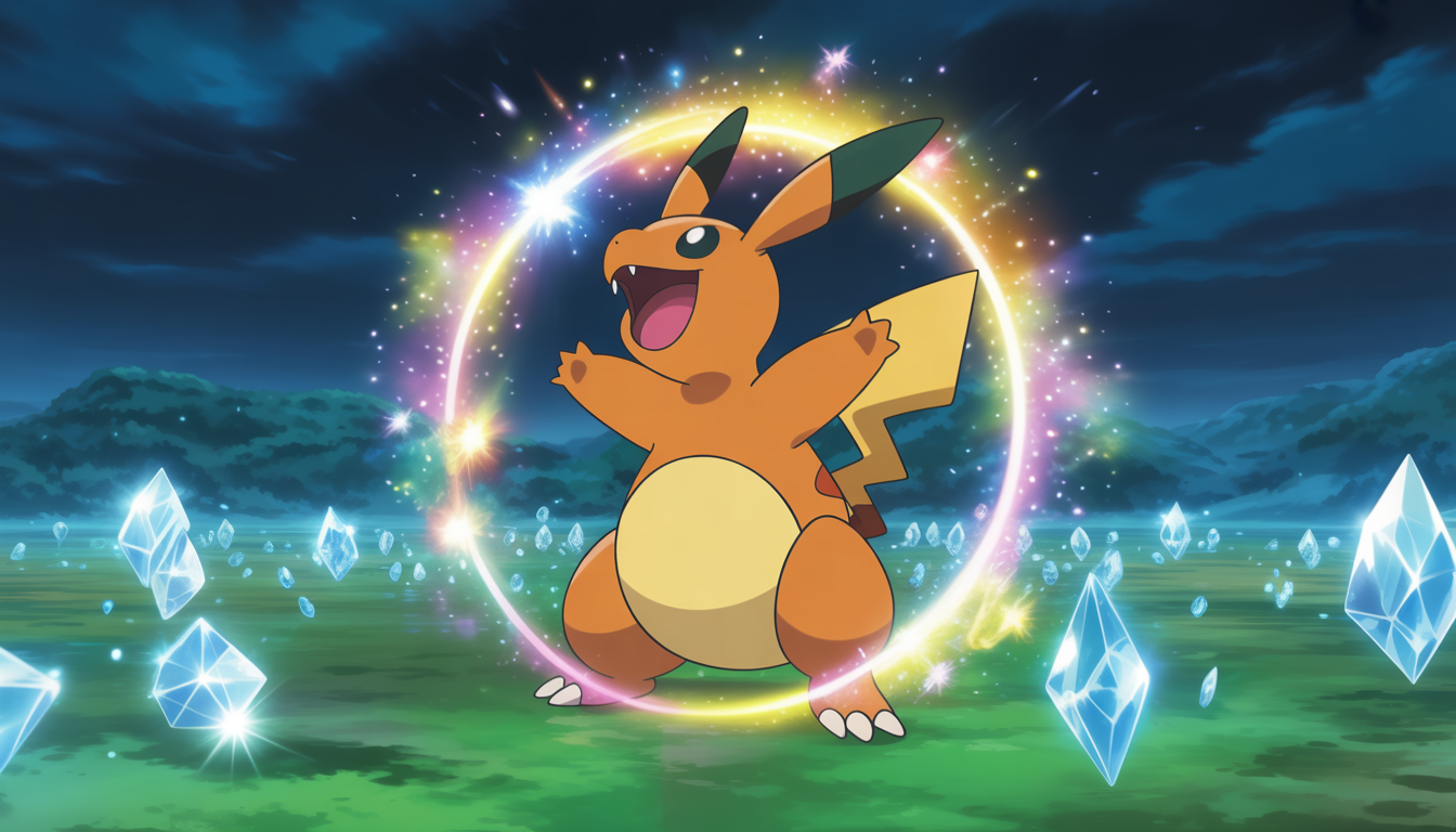 Pokémon EX légendaire entouré d'une aura dorée scintillante avec effets lumineux magiques et cristaux flottants dans un paysage fantastique