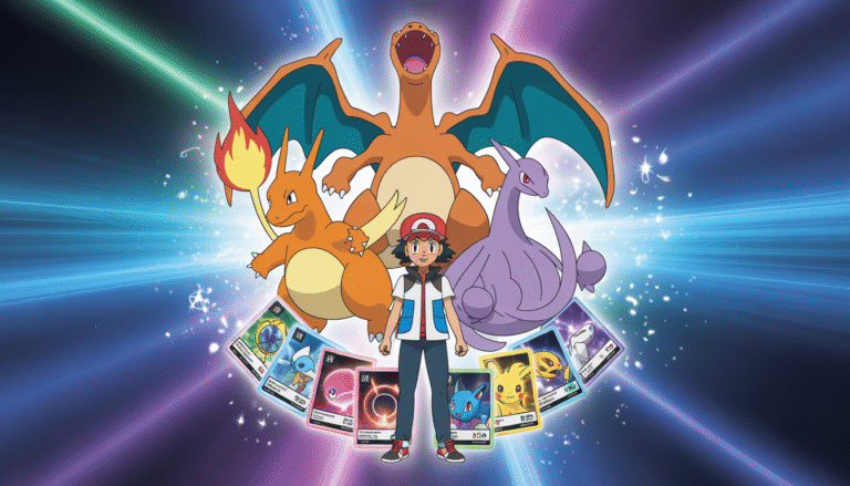 Dresseur Pokémon au centre avec Charizard, Electrode et Gardevoir en cercle, cartes TCG flottantes, fond dégradé bleu violet vibrant et effets lumineux