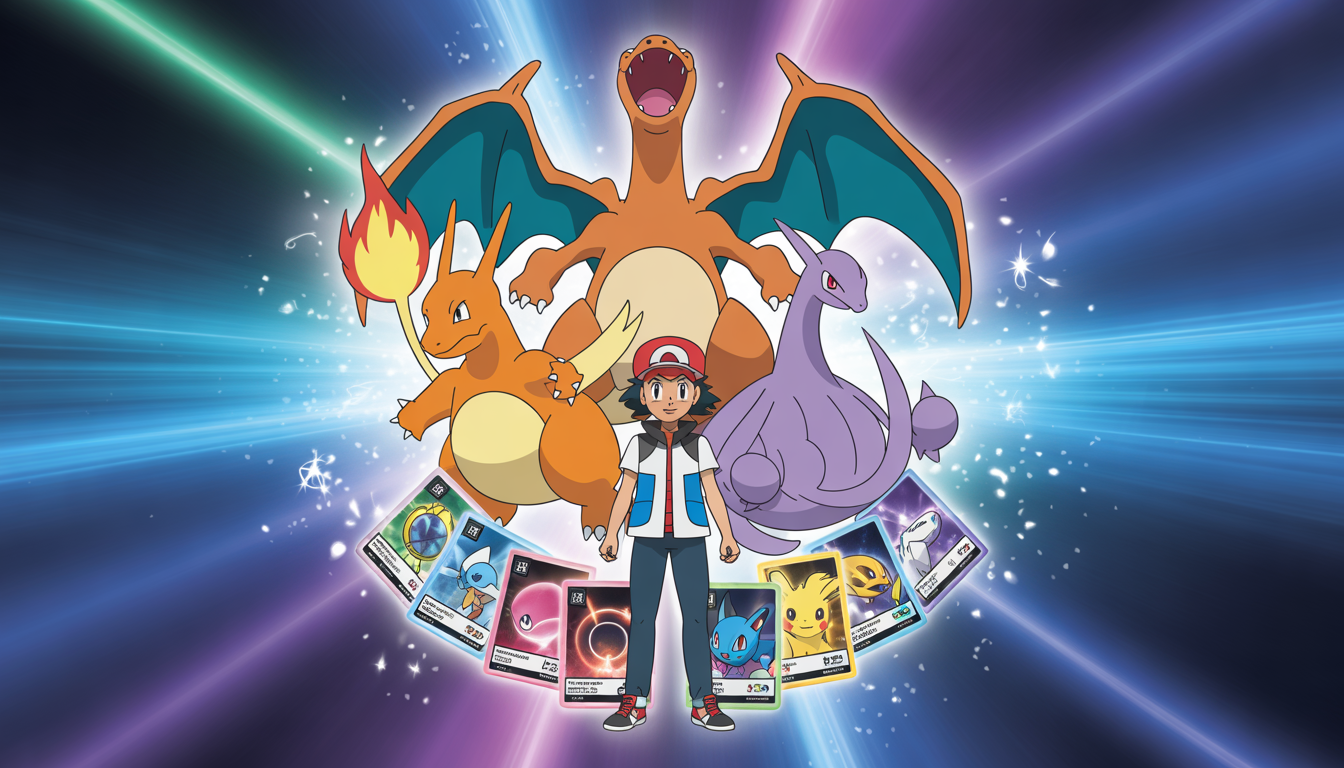 Dresseur Pokémon au centre avec Charizard, Electrode et Gardevoir en cercle, cartes TCG flottantes, fond dégradé bleu violet vibrant et effets lumineux