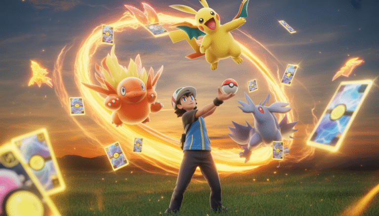 Trainer with glowing eyes throwing a Poké Ball surrounded by legendary Pokémon and swirling elemental energy